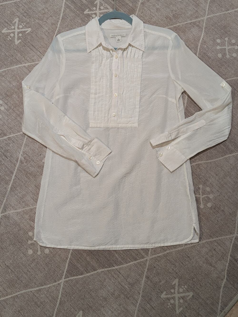 Banana Republic White Cotton Silk Blend Pintuck Ruffle Blouse Sz S
